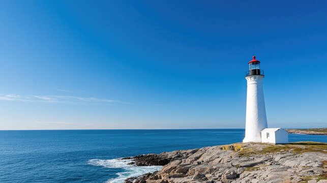 Majestic white lighthouse standing tall on rocky coastline under bright blue sky, surrounded by calm ocean waves and serene landscape at daytime