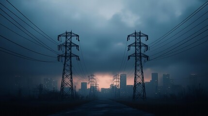 Broken power grid with dark city skyline, streetlights off, dark future vision, societal collapse imagery
