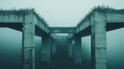 Collapsed modern bridges with wild plants growing, foggy background, nature overtaking manmade structures, collapse symbolism