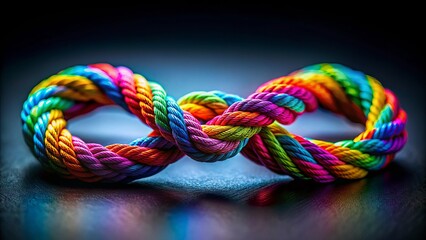 Vibrant Infinity Symbol Created with Colorful Braided Yarn, Captured in a Unique Tilt-Shift Perspective Against a Striking Black Background for Creative Visuals