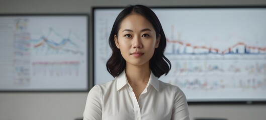 Confident young woman standing in a modern office with data analytics charts during a business presentation. Generative AI