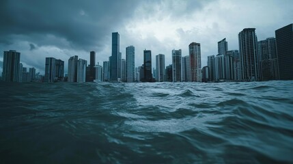 Fototapeta premium Empty coastal city with sinking buildings, dark skies, society at its end, climate catastrophe theme
