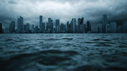 Empty coastal city with sinking buildings, dark skies, society at its end, climate catastrophe theme