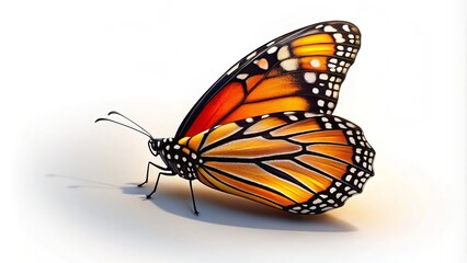 Vibrant Monarch Butterfly Displaying Underside of Wings in Tilted Angle, Isolated on White Background with Ample Copy Space for Creative Use and Design Purposes