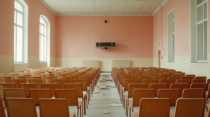 Empty lecture halls covered in dust, broken projectors, symbolizing lost education, themes of societal collapse