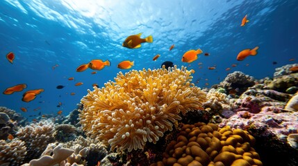 Vibrant Coral Reef Underwater Scene with School of Colorful Fish Swimming Above Diverse Marine Life in Crystal Clear Ocean Water