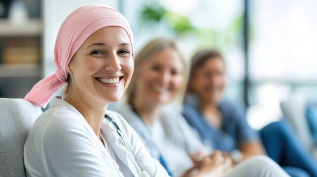 Smiling Cancer Survivor in Support Group Meeting Illuminated by Bright Natural Light, Fostering Hope and Community Among Patients in Recovery