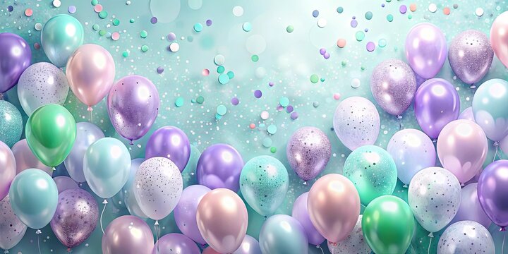 A whimsical display of pastel balloons, glistening with iridescent sheen, scattered across a soft, blue-tinted canvas, adorned with delicate confetti, creating an atmosphere of joyous celebration.