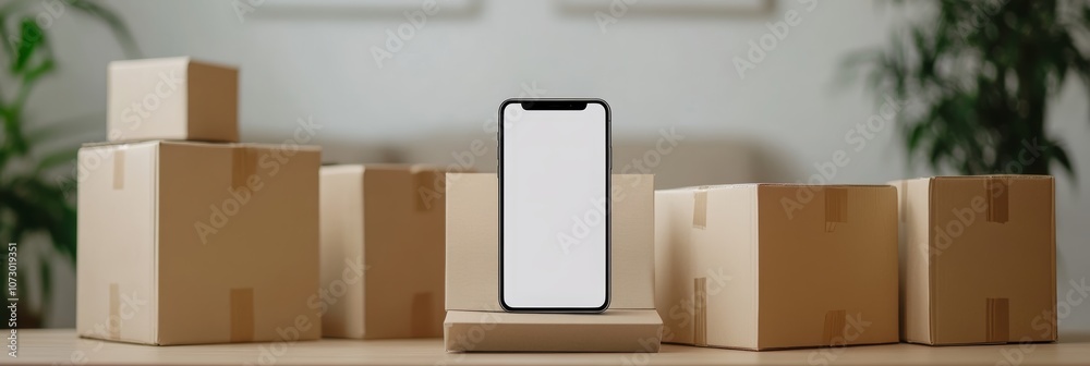 Poster smartphone with blank white screen is standing on small carton with bigger delivery boxes behind it 