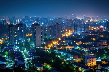 Fototapeta premium Nighttime cityscape with illuminated buildings and streets.