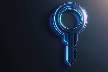 Neon key glowing in dark, digital security concept