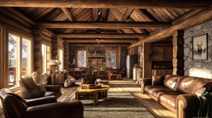 Naklejka premium Cozy log cabin interior with rustic furniture, a fireplace, and large windows overlooking a snowy forest.