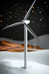 Snowy wind turbine landscape with golden lights and night sky