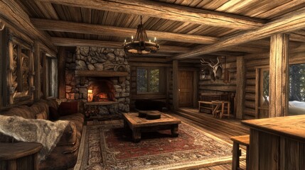 Cozy rustic living room with a fireplace, wooden beams, and a rug.