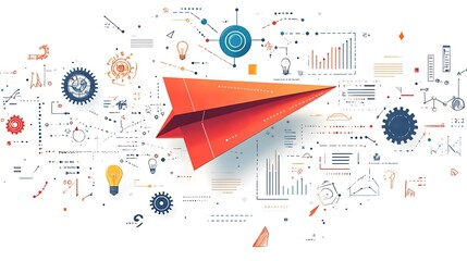 Red paper airplane flies on a white background