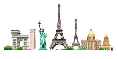 Famous Landmarks of the World Skyline Illustration  on transparent background