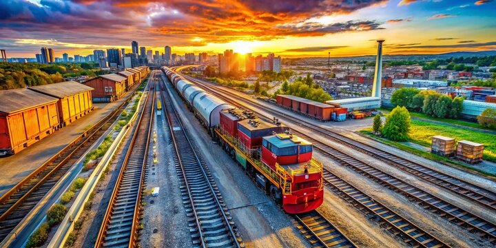 A P-40 Diesel Locomotive Navigates a Rail Yard as it Passes a Freight Train, Captured from Above with Drone Photography, Showcasing the Power of Rail Transport
