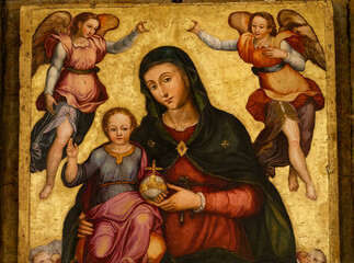 Obraz premium Painting (18th century) of Blessed Virgin Mary holding baby Jesus Christ in her arms. ...