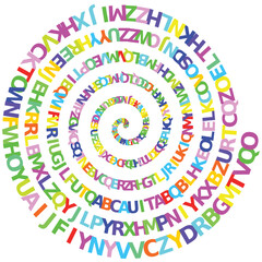 randomly capitalized letters spiraling in a hypnotic pattern suggesting school learning disabilities and dyslexia