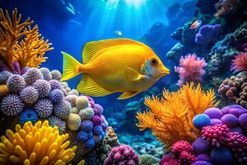 Obraz premium Vibrant Yellow Fish Swimming Gracefully in a Stunning Blue Underwater World Surrounded by Colorful Coral and Aquatic Life for a Captivating Undersea Experience