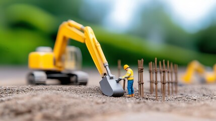Fototapeta premium Miniature Construction Scene with Worker and Excavator Operating Beside Rebar Structure on Dirt Ground with Green Background