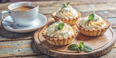 Fototapeta premium A close up of a wooden cutting board with three tarts topped with whipped cream and fresh mint, accompanied by a cup of coffee