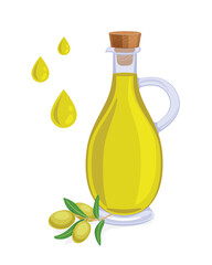 Olive oil in glass bottle-branch of olives with green leaves and drop isolated on white- stock illustration