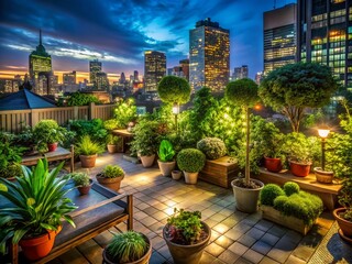 Fototapeta premium A Serene Rooftop Garden at Night in the City, Showcasing Lush Greenery, Potted Plants, and Twinkling City Lights for Urban Nature Lovers