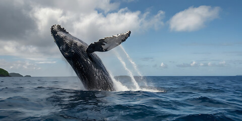 Obraz premium whale breach in front of beautiful island with rainbow. created by Generative AI