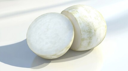 A whole and a half of white radish with green stripes on white surface.