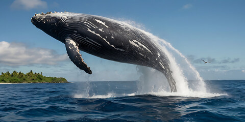 Obraz premium whale breach in front of beautiful island with rainbow. created by Generative AI