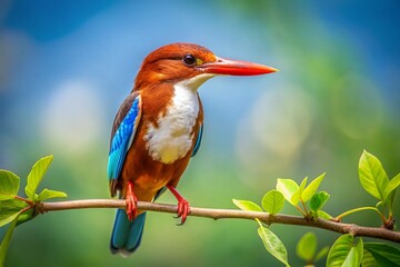 Fototapeta premium A Stunning White-throated Kingfisher on a Branch Surrounded by Lush Nature on a Sunny Day - Minimalist Photography Capturing the Beauty of Wildlife in Its Natural Habitat