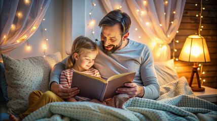 Father reading bedtime story to daughter with cozy lighting

