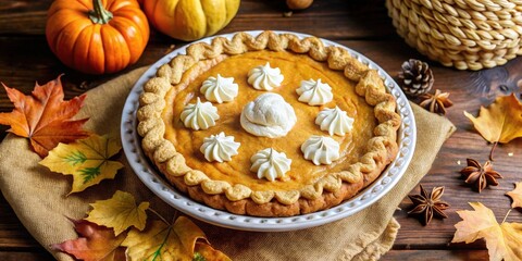 Fototapeta premium A Rustic Thanksgiving Table Setting Featuring a Homemade Pumpkin Pie with Whipped Cream and Fall Foliage