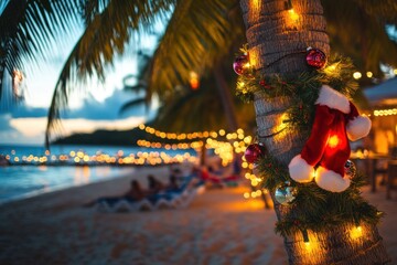 Christmas lights and decorations on tropical island palm tree