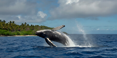 Fototapeta premium whale breach in front of beautiful island with rainbow. created by Generative AI