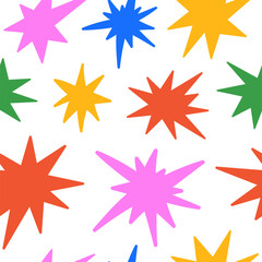 Abstract seamless pattern with simple groovy stars. Colorful kids print, printable childish texture for wallpaper, fabric, textile, wrapping paper. Vector illustration