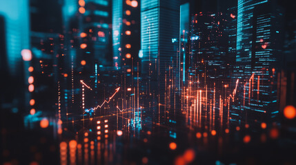 Obraz premium Smart digital Innovation city Business skyscrapers in the Financial District with connection network reciprocity over the cityscape. of future smart wireless digital city and social media networking