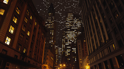 Smart digital Innovation city Business skyscrapers in the Financial District with connection network reciprocity over the cityscape. of future smart wireless digital city and social media networking