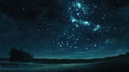 Fototapeta premium A vast, star-filled night sky over a field with a lone tree silhouette in the foreground.