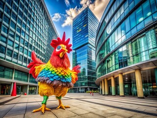 A Whimsical Architectural Photography Scene Featuring a Playful Chicken Costume Against a Stunning Urban Backdrop