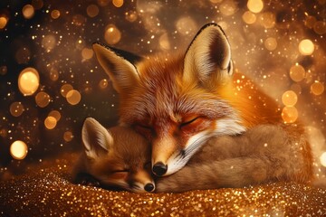 Enchanting moment of a fox mother and her young one embraced in warm fairy lights and glitter