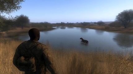 A figure observes a horse wading in a tranquil river surrounded by grasslands.