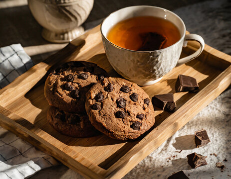 Choco Chip Cookies Served with a Cup of Tea