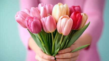 Woman is holding a bouquet of flowers, including pink, yellow, and orange tulips