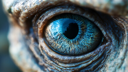 A close up of a blue eye with a dark brown iris