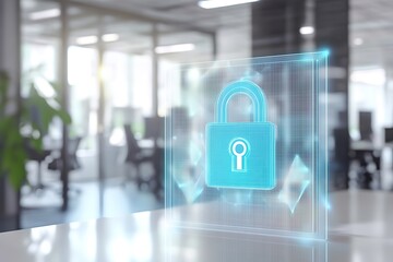 Holographic padlock symbolizing cyber security in office