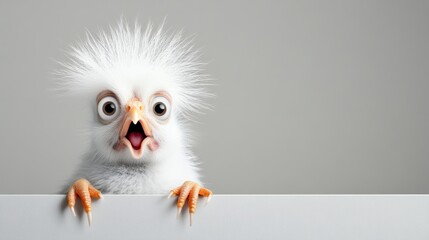 White bird with a big beak and long hair is standing on a white wall. The bird is looking at the camera with a surprised expression
