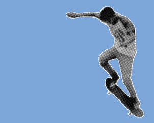 skateboarder playing trick pixelate grayscale color halftone dotted texture style collage element isolated on blue background © ozzuboy