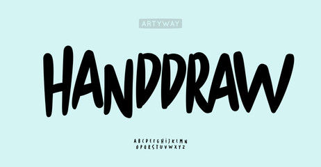 Handdrawn script font, bold brush lettering, playful doodle alphabet, casual typography for handcrafted logo, organic sketch headline. Spontaneous typographic design. Vector typeset